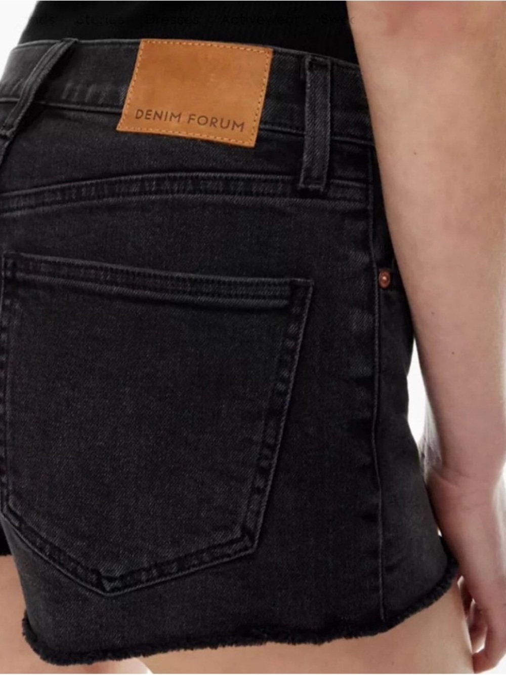 Denim Forum Black Denim Shorts with Tan Leather Patch